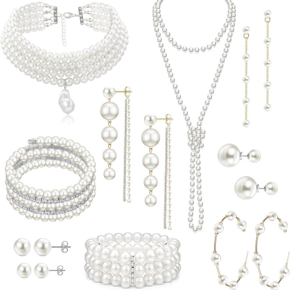 16 pcs Pearl Necklace Earrings Set Faux Jewelry Bridal Formal Women